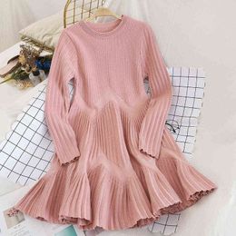 Striped Pleated Mini Dress Women Autumn Winter Loose Casual Pink Knitted Sweater Dress Ball Gown O-Neck Long Sleeve Party X438 G1214