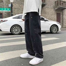 Star embroidery black jeans men's fashion brand straight tube loose hiphop fried Street pants over size wide leg 210716