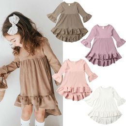 Princess Kid Baby Girl Dress Autumn Knit Solid Long Flared Sleeve Ruffle Tutu Dress Wedding Party Clothes Q0716
