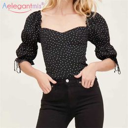 Aelegantmis Draswstring Sexy Square Collar Polka Dot Blouse Women Summer Party Beath Female Top Short Sleeve 210607