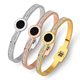 Luxuxy Brand Black Enamel Full Crystal Bangles & Bracelets for Women Jewellery Stainless Steel Letter Bangles Gold Bijoux Q0717