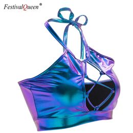 FestivalQueen Shiny Holographic Metallic Color Tank Tops Sexy Slim Backless Halter Street wear Crop Top for Women 210308