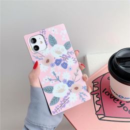 Vintage Flower Square Phone Cases For iPhone 12 11Pro Max XR XS 7 8 Plus Finger Ring Holder Back Cover