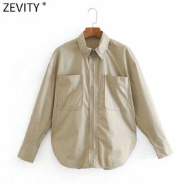 Zevity Women Safari Style Double Pockets Patch Zipper Smock Blouse Office Lady Retro Elastic Shirts Chic Blusas Tops LS7533 210603