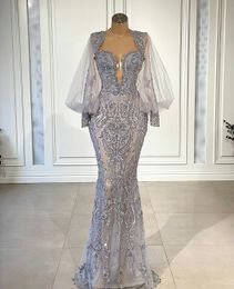 Formal Glamorous Mermaid Evening Dresses Illusion Long-Sleeve Race Applique Beaded Prom Dress Floor Length Special Occasion Dresses New design dress 2021