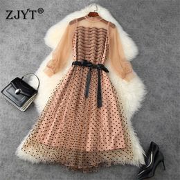 Spring Runway Fashion Vintage Polka Dot Patterns Transparent Mesh Dress Women Clothes Elegant Midi Sexy Party Vestidos 210601