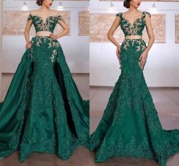 Green Two 2022 Piece Evening Dresses Off The Shoulder With Detachable Train Crystals Custom Made Lace Applique Prom Party Gown Formal Ocn Wear Vestidos