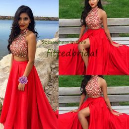 Sexy Red two pieces Evening Dress 2022 Backless halter Soft Satin high side split Prom Formal Gown Arabic Dubai Celebrity Wear Robe De Soiree Vestidos Noche