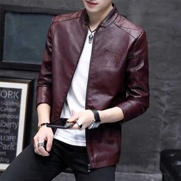 Leather Jacket Male Slim Spring Fashion Zipper Pockets Leather Men's Jacket Pure Color Leisure Qzq811 4Xl 211008