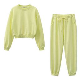 design Women fashion sweatshirt sets Casual Spring Summer Crop top pants suit Cotton 210927