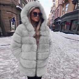 Inverno spessa pelliccia faux calda da donna con cappuccio a maniche lunghe con cappuccio più taglia bontjas peloso giacca da donna