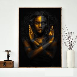 Wall Art Golden Black Women Canvas Painting Wall Pictures For Living Room Golden Girl Decoration Pictures Unframe