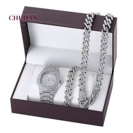 Watch CHUHAN 3pcs/set Hip Hop Cuba Chains Iced Out Necklace Set Fashion Luxury Diamond Inlaid Steel Band Quartz Watch + Bracelet J491