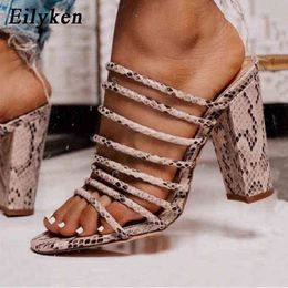 Slippers Eilyken New Sexy Snake Print Sandals Women Open Toed Block Heel Mules Pumps Size 35 42220308