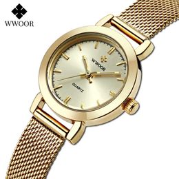 WWOOR Ladies Watches Top Brand Luxury Stainless Steel Mesh Band Gold Dress Watch Women Fashion Small Wristwatch Reloj Mujer 210527