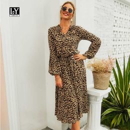 LY VAREY LIN Spring Autumn Women Leopard Print Dress Loose Single Breasted Sash Tie Up Long Sleeve Slim Casual Dresses 210526