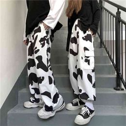 Cow Print Pants Women Korean Style Wide Leg Harajuku Trousers Autumn Multiple pockets Sweatpants Clothes Streetwear 210915