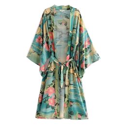 Bohemian V neck Crane Lotus Flower Print Long Kimono Shirt Ethnic Lacing up With Sashes Long Cardigan Loose Blouse Tops 210304