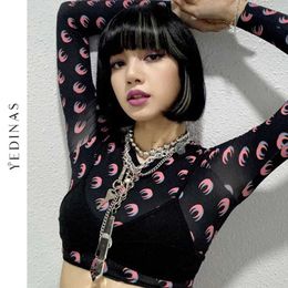 Yedinas Sexy Round Neck Long Sleeve Moon Print Crop Top Autumn Woman Tshirts And Camis Tops Slim Trendy Female Club Party 210527