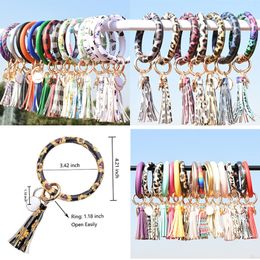 Fashion Women Tassels Bracelets Bangle PU Leather Party Wrap Key Ring Leopard Lily Print Keychain Wristband Sunflower Drip Oil Circle Keys Holder Chain Wristlet