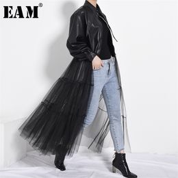 [EAM] Loose Fit Black Mesh Big Size Long Pu Leather Jacket Lapel Sleeve Women Coat Fashion Spring Autumn PB27901 211014
