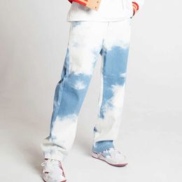 2021 Men Stylish Tie-Dye Printed Jeans Mid Waist Wild Fashion Loose Leg Long Pants Casual Washed Straight Denim Trousers X0621