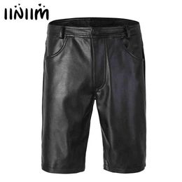 iiniim Black Mens Leather Boxer Shorts Half with Pockets Hot Shorts with Zipper Closure for Men's Club Party Clothes H1210