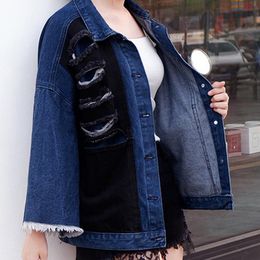 Women's Jackets Ripped Women Denim Jacket Coat 2021 Fashion Loose Solid Deep Blue Harajuku Stree Womens Female Outwear Button