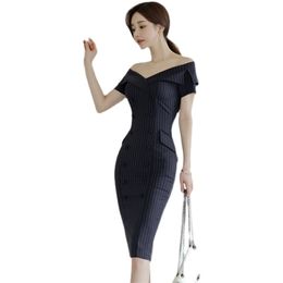 Off shoulder Stripe Dress korean ladies Sexy SUmmer Sleeveless tight Office formal Party Dresses for women clothing 210602