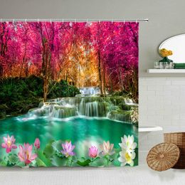 Shower Curtains Forest Waterfall Lotus Scenery Curtain Autumn Trees Stone Natural Landscape Bathroom Decor With Hook Waterproof Screen