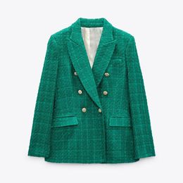 TOP QUALITY 2022 Women jacket Autumn Fashion Double Breasted Tweed Cheque Blazer Coat Vintage Long Sleeve Pockets Female Outerwear Chic XS-L