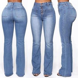 Newly Washed High Waist Button Boot-cut Jeans Women Casual Long Pants Trousers DO99 201109