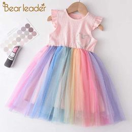 Bear Leader Girls Rainbow Colorful Dress Summer Party Costumes Kids Mesh Dresses Sweet Vestidos Outfits Children Clothing 210708