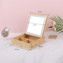 Mirrors Wood Cosmetic Storage Box Light Portable Mirror Case Retro Lighting Makeup Vanity