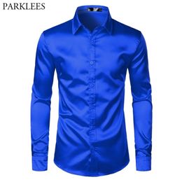 Royal Blue Silk Satin Shirt Men Luxury Brand Slim Fit Mens Dress s Wedding Party Casual Male Chemise 210809