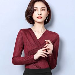 Korean Women Blouses Long Sleeve Blouse Shirt Woman V-neck Basic Tops Plus Size 3XL Blusas Mujer De Moda 210531