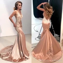 Elegant Sexy Spaghetti Straps Satin Mermaid Prom Dresses Lace Appliques Backless Vestidos de Festa Party Evening Gowns CG001