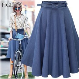 TIGENA Knee Length High Waist Demin Skirts Women with Belt Spring Summer Korean Cute Blue A-line Loose Midi Skirt Female 210309
