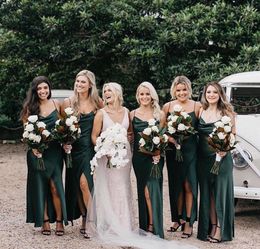 2021 Vintage Green Bridesmaid Dresses Sexy Simple Ankle Length Front Slit Spaghetti Straps Custom Made Plus Size Maid of Honor Gown Vestido