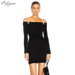 High Quality Autumn Women'S Sexy Black Graphic Hug Single Line Shoulder Long Sleeve Puffed Rayon Bandage Party Dress 210525