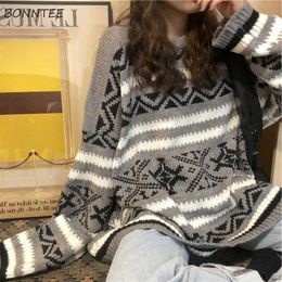 Sweaters Womens Thicker Winter Warm College Teens Knit Sweater Women Chic Geometric Leisure Soft Ins O-Neck Basic Femme Knitwear X0721