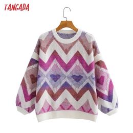 Tangada Women Fashion Elegant Heart Pattern Knitted Sweater Jumper O Neck Female Oversize Pullovers Chic Tops 1F269 211011