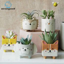 Strongwell Nordic Cute Animal Ceramic Flower Pot Hedgehog Bunny Puppy Bedroom Small Flowerpot Mini Gardenin Home Decoration Gift 210615