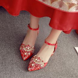 Sandali scarpe da sposa con tacco grosso donna 2021 cristallo estate incinta sposa rosso alto cinese
