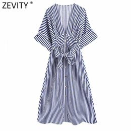 Women Vintage V Neck Striped Print Bow Sashes Midi Shirt Dress Ladies Short Sleeve Slim Vestidos Chic A Line Dresses DS8394 210603