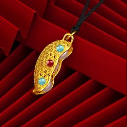 Golden Openwork Retro Ethnic Pea Pendant Chain Necklace 18K Yellow Gold Filled Classic Women Pretty Gift