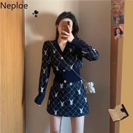 Work Dresses Neploe Fashion Plaid 2 Piece Set Wome Cropped Cardigan Tops Slim Fit Bodycon Mini Skirts Korean Knitted Suit 2021 Femme Roupas