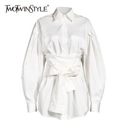 TWOTWINSTYLE White Bowknot Shirt For Women Lapel Lantern Sleeve Bandage High Waist Casual Blouse Female Autumn New Tide 210225