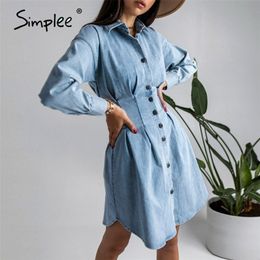 Simplee Causal blue autumn winter corset denim dress High street fashion long sleeve women dress Sexy pleated button dress 210309