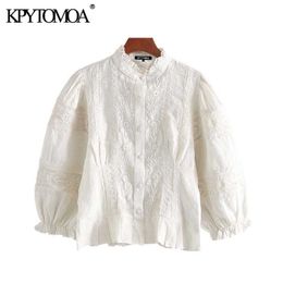 Vintage Sweet Hollow Out Embroidery Blouses Women Fashion Ruffled Collar Three Quarter Sleeve Female Shirts Blusa Chic Tops 210721